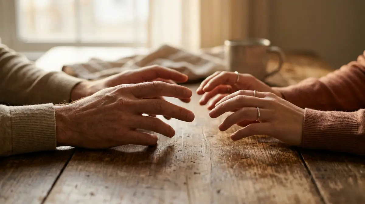 Two pairs of hands, a man's and a woman's, reaching towards each other across a rustic wooden table