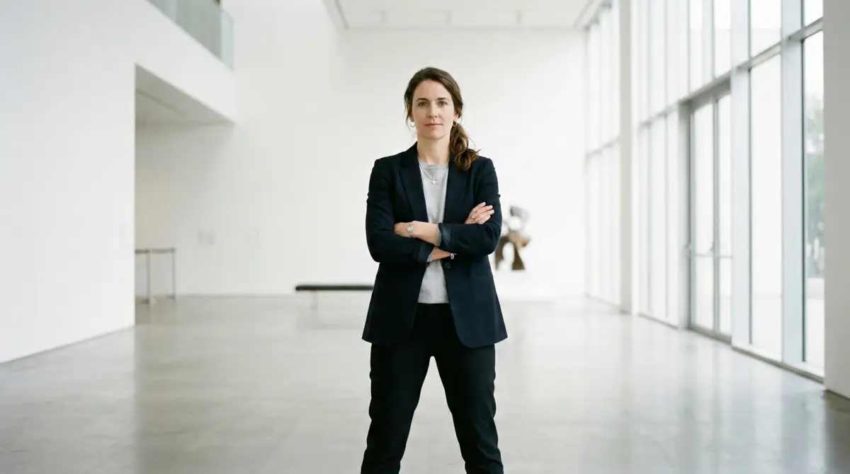 Woman in a dark suit with crossed arms stands in a modern, minimalist room with white walls and large windows
