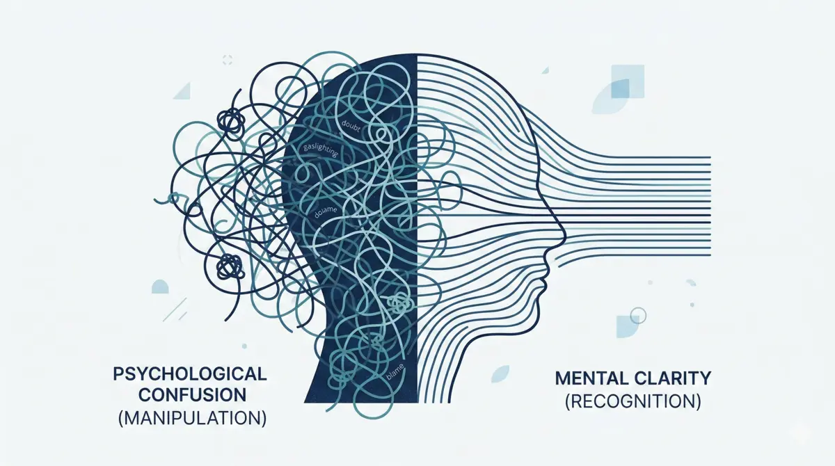 Human head silhouette: left side tangled lines with 'doubt, gaslighting' labeled 'Psychological Confusion (Manipulation)';...