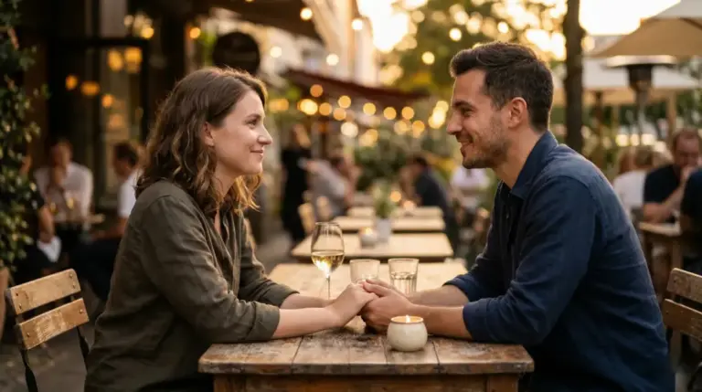 True intimacy showing a Couple holding hands and smiling at each other at an outdoor cafe with string lights