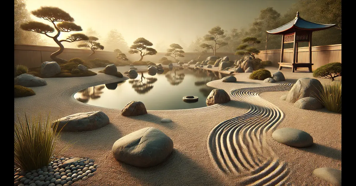 Serene Zen Garden: "A serene Zen garden with carefully arranged rocks, raked sand, and a small pond, creating a tranquil and balanced atmosphere perfect for illustrating karma.