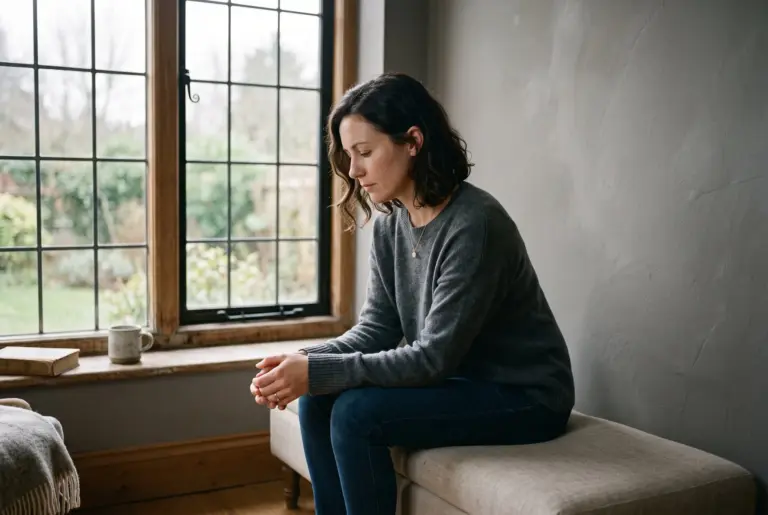 Woman sitting alone by a window with her head lowered