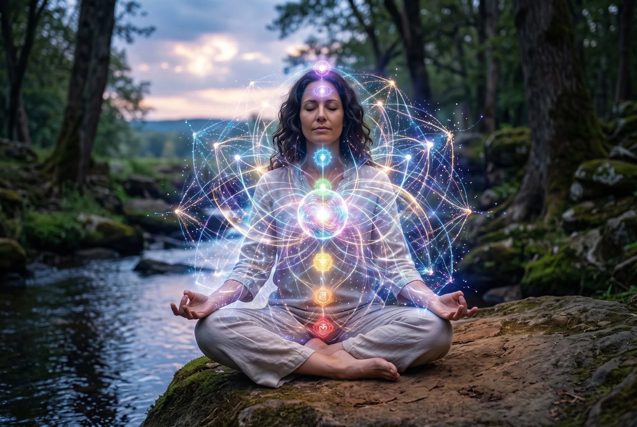 Woman meditating by a forest stream with glowing sacred geometry and seven aligned chakra symbols