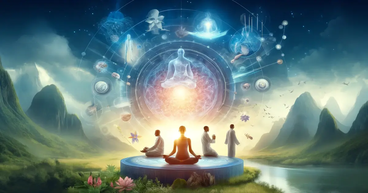 Holistic Healing Practices: This scene depicts various practices like meditation, yoga, Tai Chi, and acupuncture, surrounded by a serene natural environment. The image visually represents the Universal Life Force energy flowing around the individuals, enhancing their well-being.