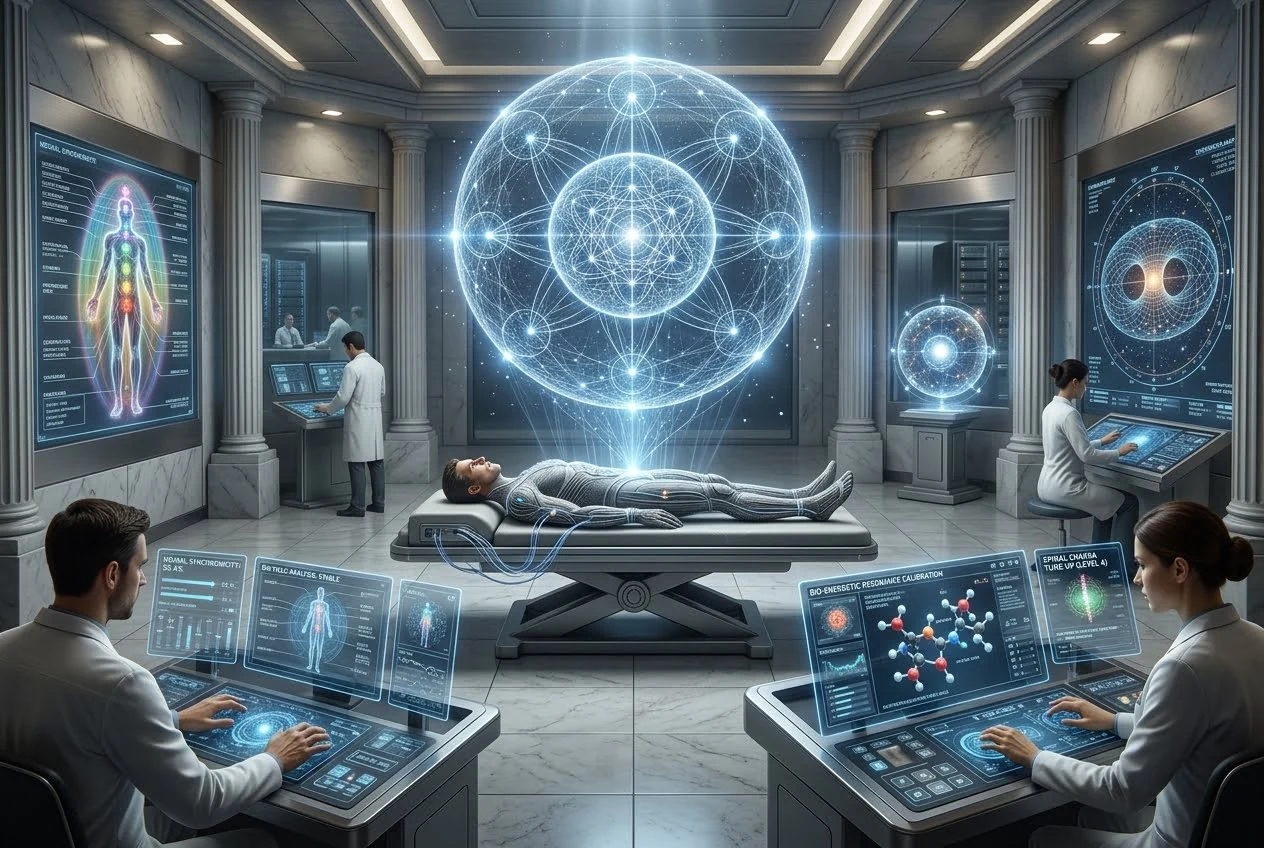 Scientists in a futuristic medical laboratory monitoring a patient lying under a glowing, floating geometric sphere