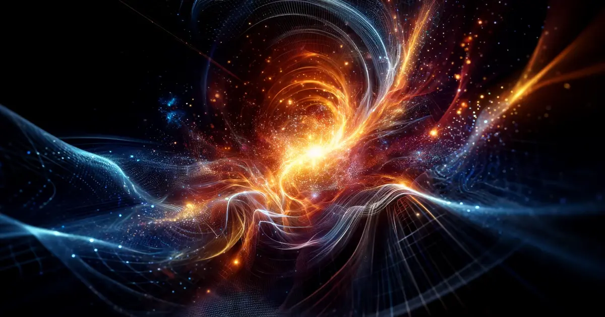 Quantum Energy Fields: This scientific visualization portrays quantum energy fields with a dynamic interplay of particles and waves, depicting the Universal Life Force through the lens of quantum physics with intricate patterns and glowing energy fields.