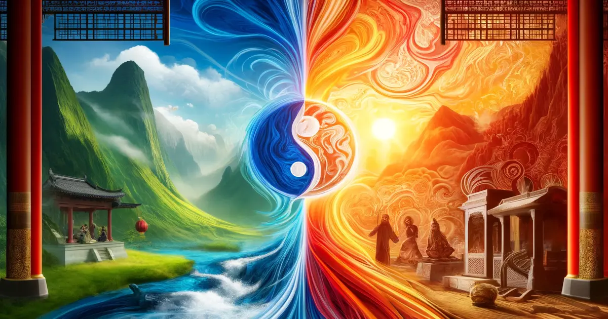 Cultural Representations of Life Force: This image shows different cultural representations of the Universal Life Force. It features a serene Chinese landscape with flowing 'chi' energy on one side, and an Indian scene with vibrant 'prana' energy on the other, harmoniously blended in the middle.