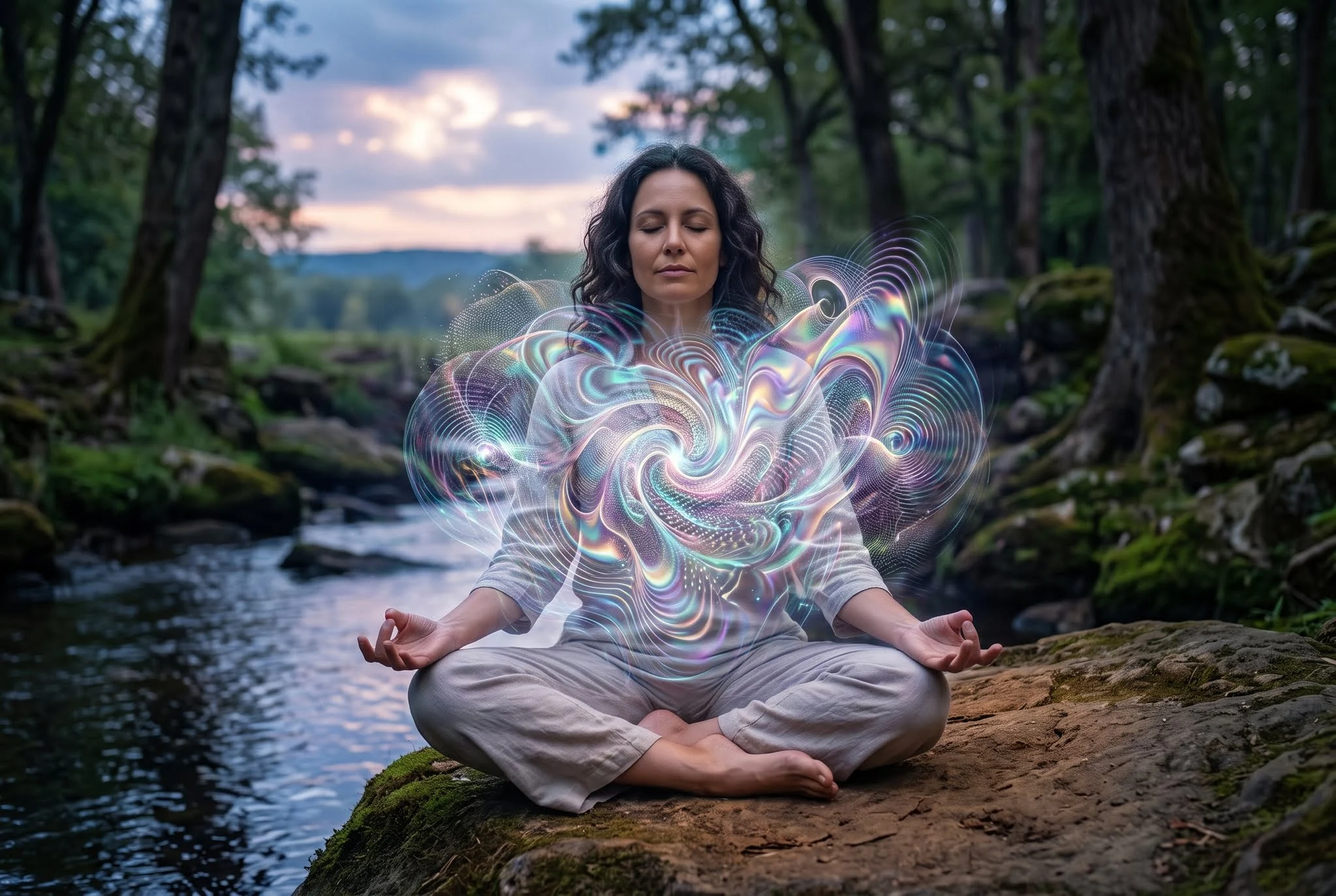 Woman meditating by a forest stream with a glowing, colorful energy swirl emanating from her chest