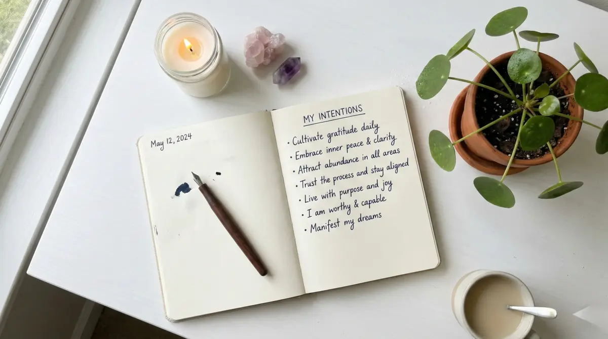 Daily visualization manifestation practice with journal, affirmations, and meditation setup