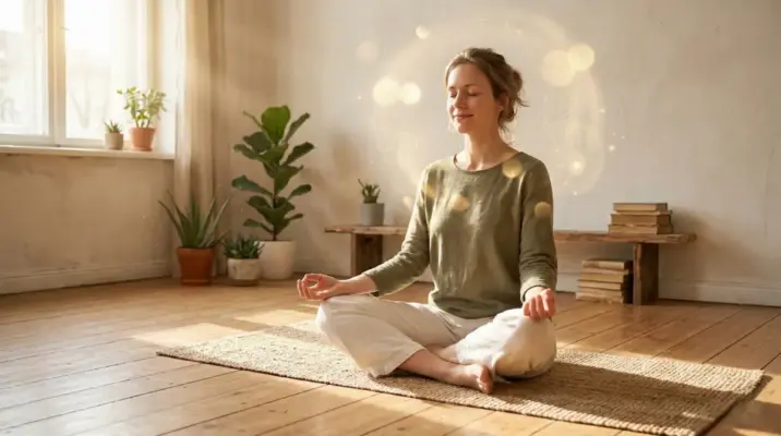 Woman practicing visualization manifestation during morning meditation session