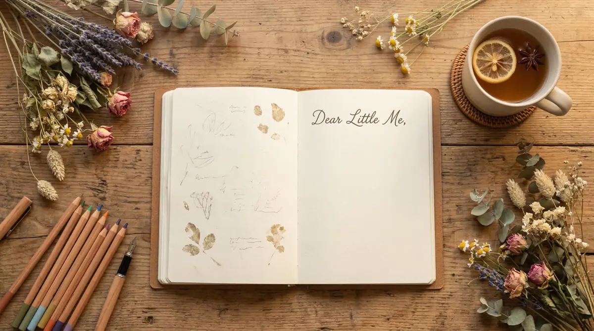 Inner child healing journal with a letter to younger self, pencils and flowers on wooden desk