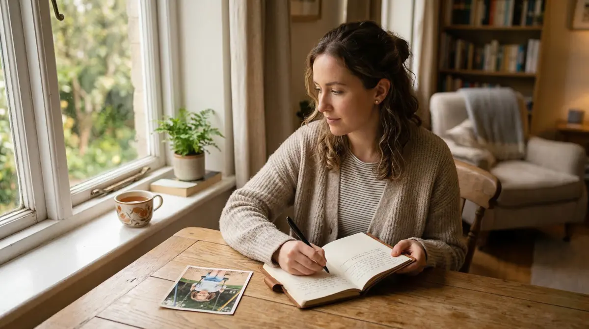 Person doing inner child work by journaling next to a childhood photo for emotional healing