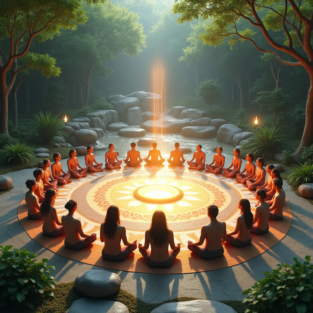 A vibrant image showing a large group of people gathered in a meditation retreat in a peaceful outdoor environment. 