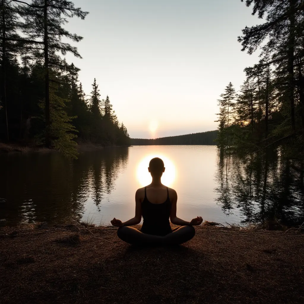 A serene photograph of a person meditating in a quiet natural setting, such as a forest or by a calm lake at sunrise.