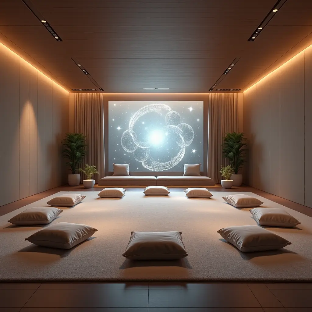 A wide image showing a professional, modern meditation studio with soft lighting, cushions arranged in a circle, and subtle scientific elements in the background, like abstract representations of quantum particles or energy fields.