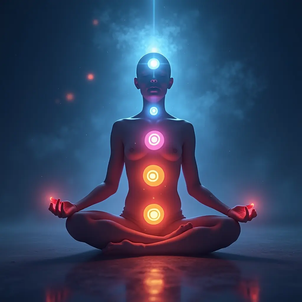 A stylized image of a person meditating with chakra symbols aligned along their body, glowing softly.