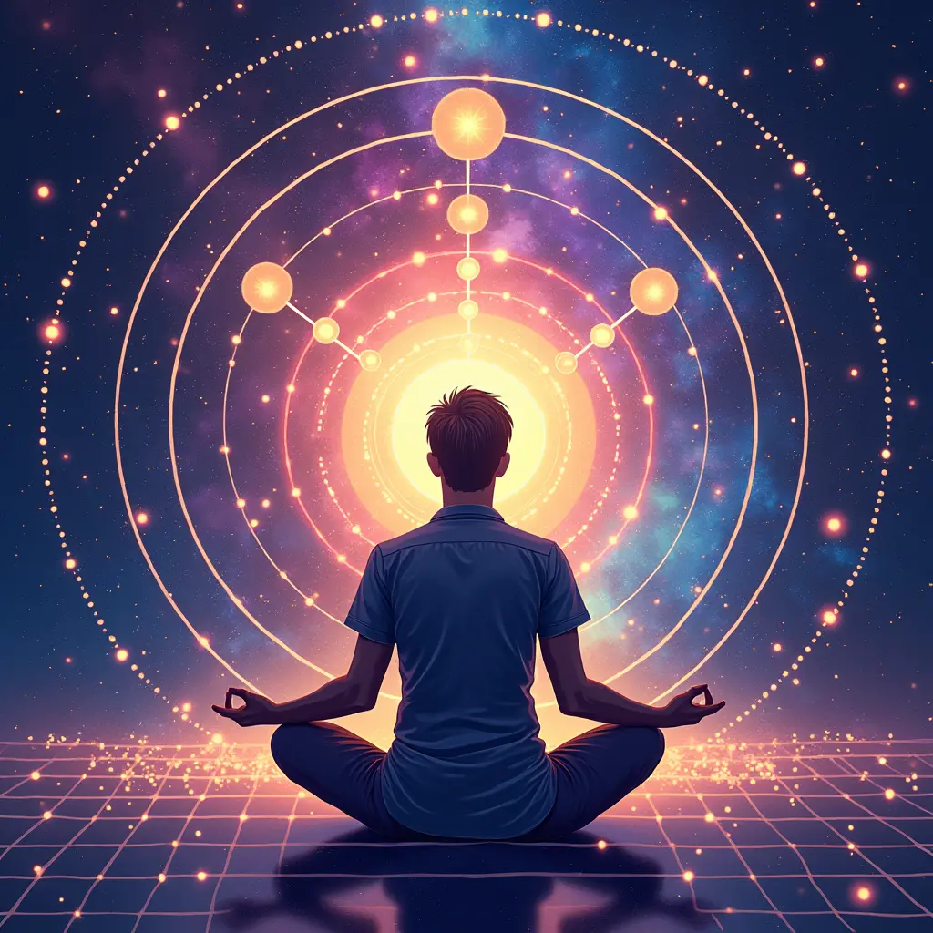 A dynamic illustration of a person meditating in front of a cosmic, colorful background representing the quantum field. Use vibrant colors like purple, blue, and gold to create an ethereal aura around the subject. 