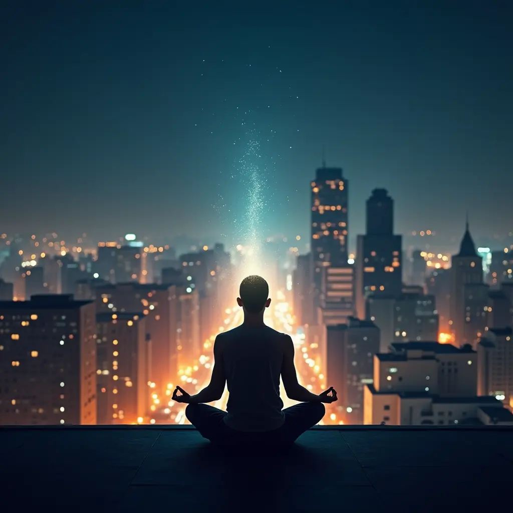 A wide-format image of a cityscape at night, with a single meditator on a rooftop. The background should show a glowing, vibrant city, but the meditator should be enveloped in a soft, radiant glow, distinct from the city lights.