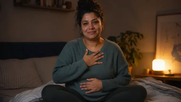 Survivor sitting on a bed at night with a gentle hand on their heart, symbolizing self compassion after narcissistic abuse.