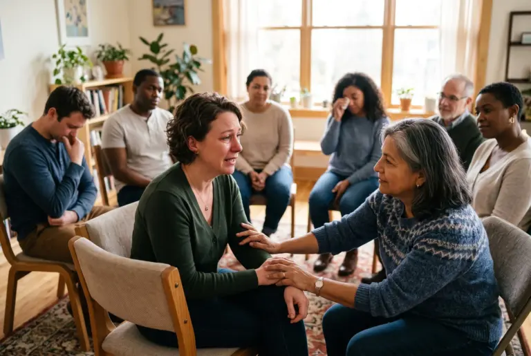 Support group member comforting a woman in a circle of chairs