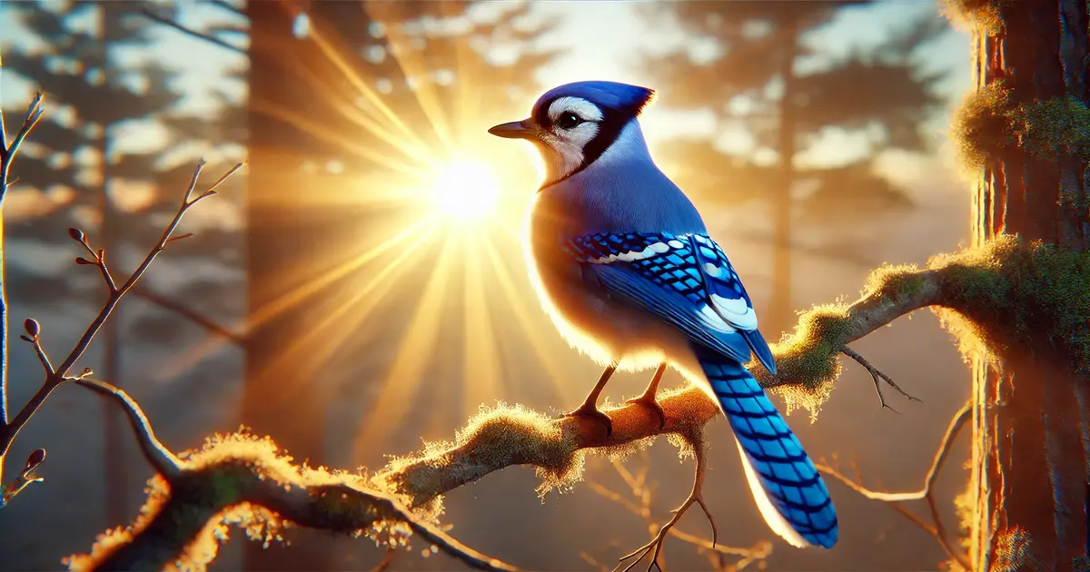 A blue jay perched on a tree branch at sunrise, bathed in golden light, symbolizing new beginnings and spiritual clarity.