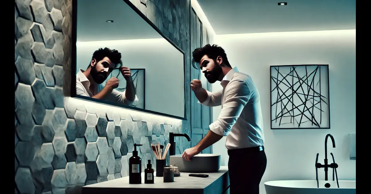 image of the man in the sleek, contemporary bathroom reflecting his self-assuredness and vanity. 