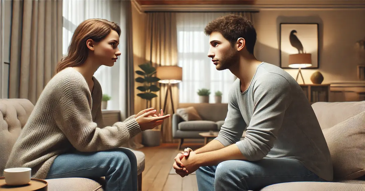 A couple discussing their feelings using 'I' statements during a calm conversation, showcasing empathy and understanding in a healthy relationship.