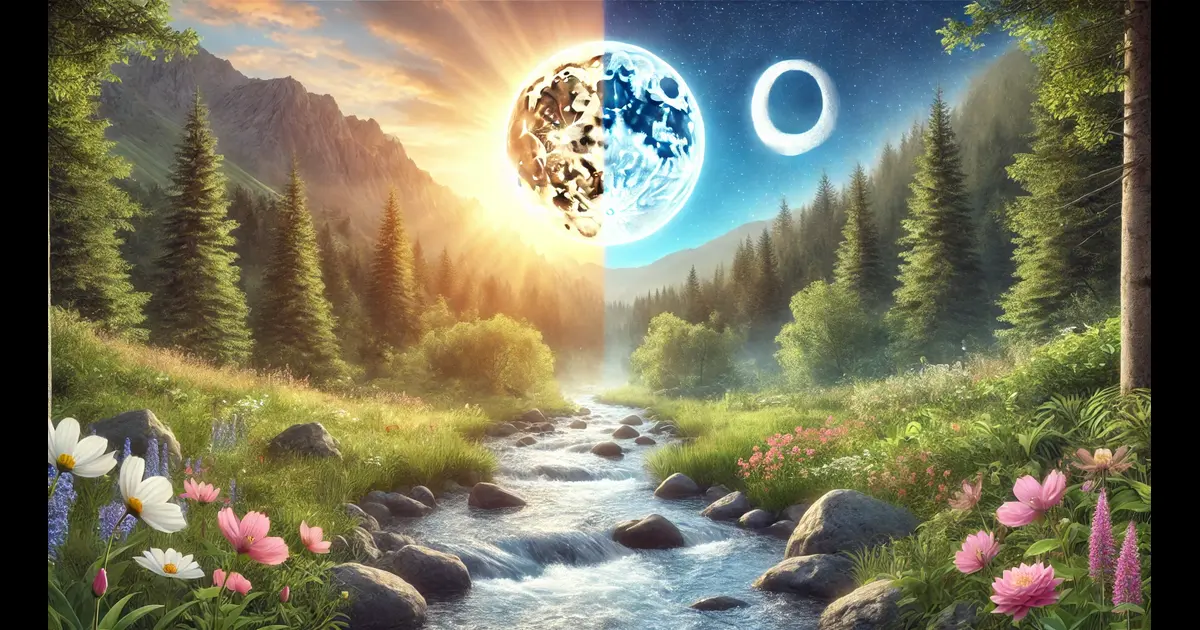 a tranquil nature scene, with both sunlight and moonlight symbolizing masculine and feminine energies over a flowing river.