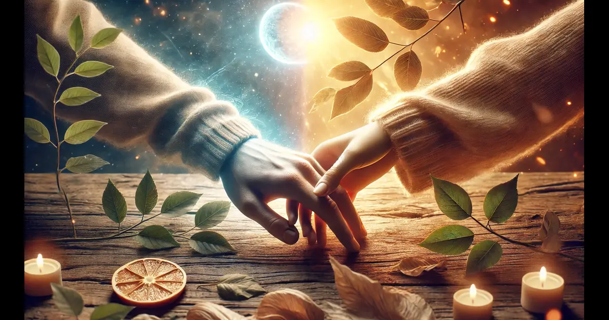 mage symbolizing the balance between masculine and feminine energies through the visual of two intertwined hands, one illuminated by sunlight and the other by moonlight. 