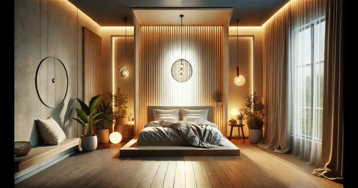 a serene bedroom scene, balancing both masculine and feminine energies. The room features structured, modern elements alongside softer, nurturing accents, creating a peaceful and harmonious space.