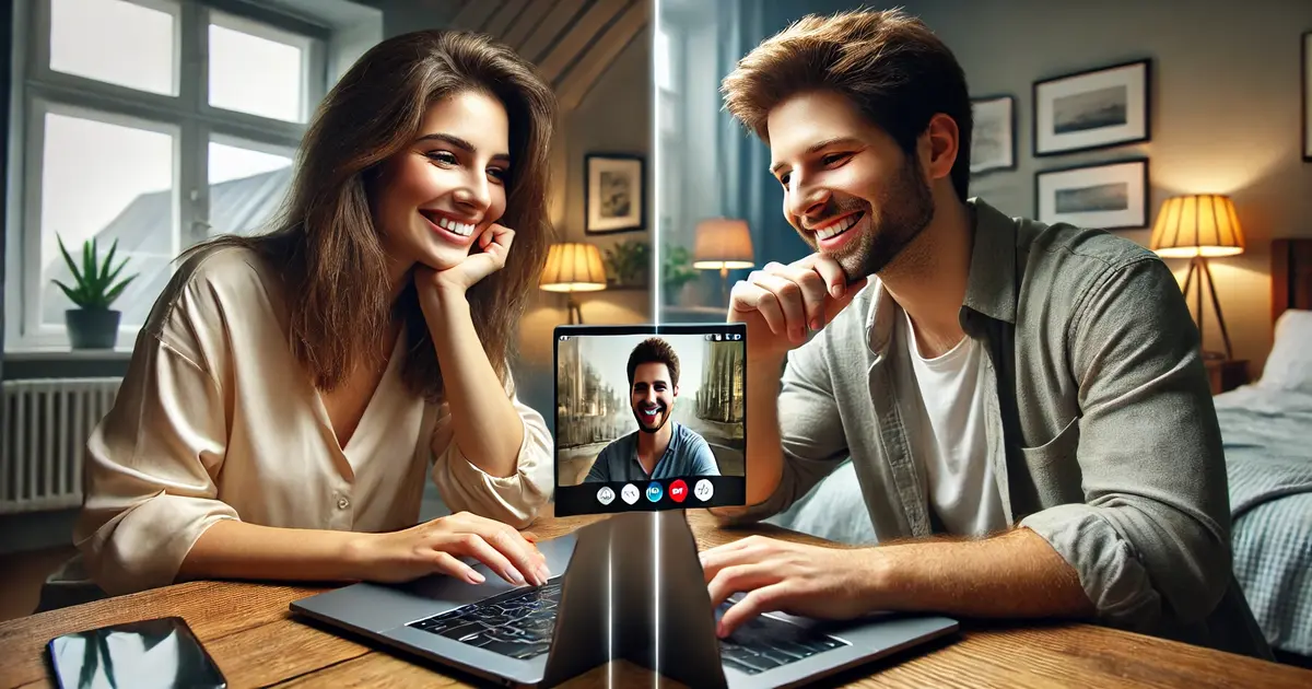 A couple in a long-distance relationship having a video call, smiling and engaging in a deep conversation, reflecting the importance of consistent communication to maintain intimacy