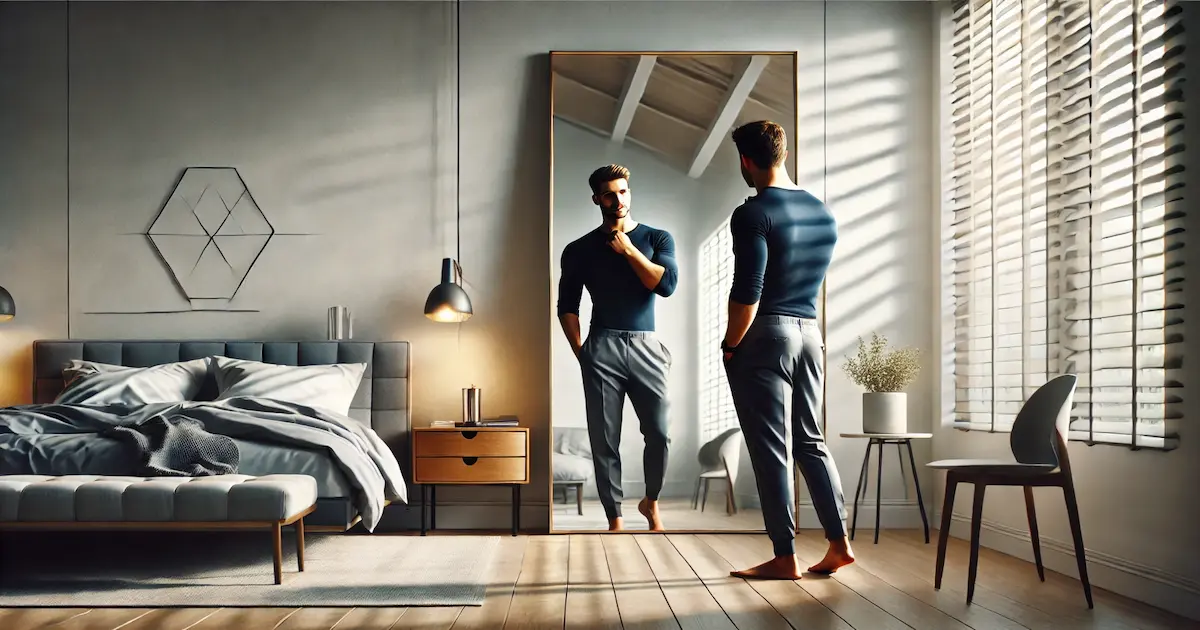 Narcissistic man admiring himself in the mirror, symbolizing his obsession with appearance and lack of concern for his partner’s needs.