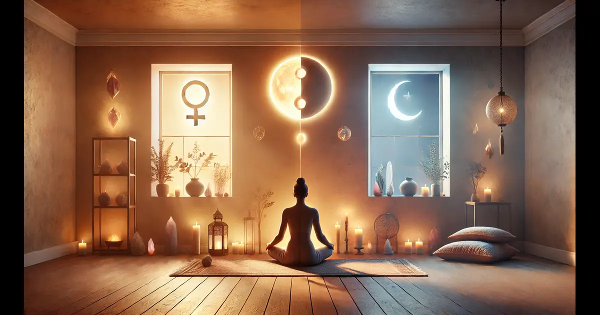 image illustrating a peaceful meditation scene that reflects the balance of masculine and feminine energies.