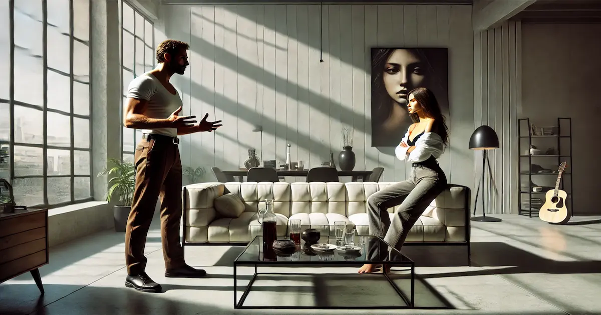 A couple arguing in a living room, highlighting manipulation and control in a narcissistic relationship