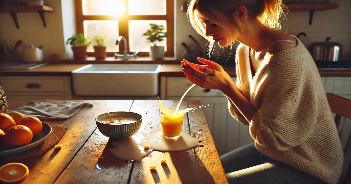 A female spilling orange juice and remaining calm