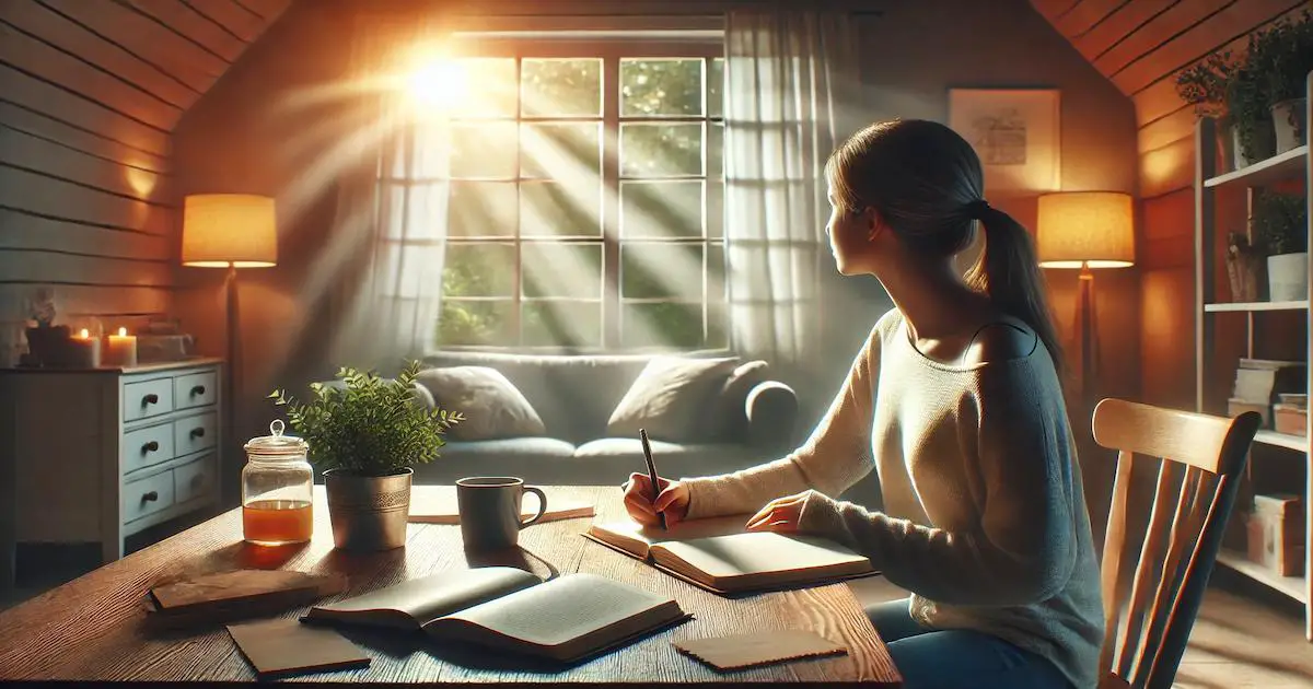  A person journaling their emotions in a peaceful home setting, with soft natural light illuminating the scene. The calming environment includes simple decor and a cup of tea on the table.