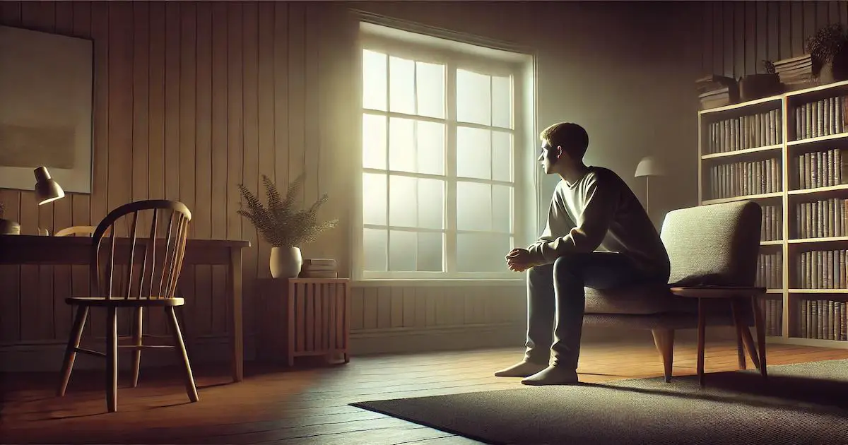 A person sitting quietly near a window, reflecting on their emotions after experiencing reactive abuse. The scene is peaceful, with soft lighting and a simple, calming environment.