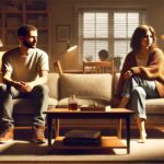 A couple sitting in a cozy living room, displaying signs of emotional tension and distance, representing the impact of stonewalling in relationships.