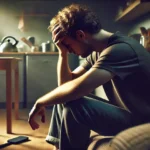 A person sitting alone in a dimly lit room, holding their head in their hands, reflecting emotional turmoil after experiencing reactive abuse. The image emphasizes isolation and internal conflict.