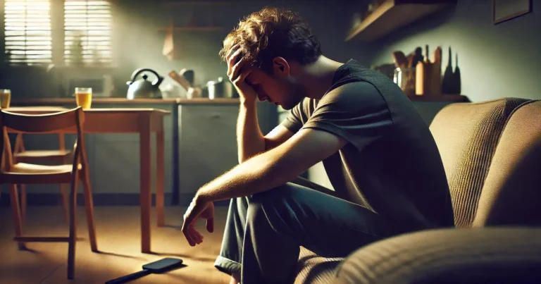 A person sitting alone in a dimly lit room, holding their head in their hands, reflecting emotional turmoil after experiencing reactive abuse. The image emphasizes isolation and internal conflict.