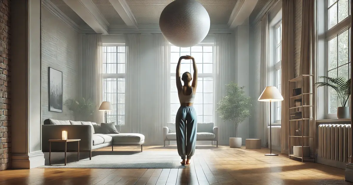 A person performing deep breathing and stretching exercises at home in a spacious, well-lit living room, representing physical movement and mental relaxation.