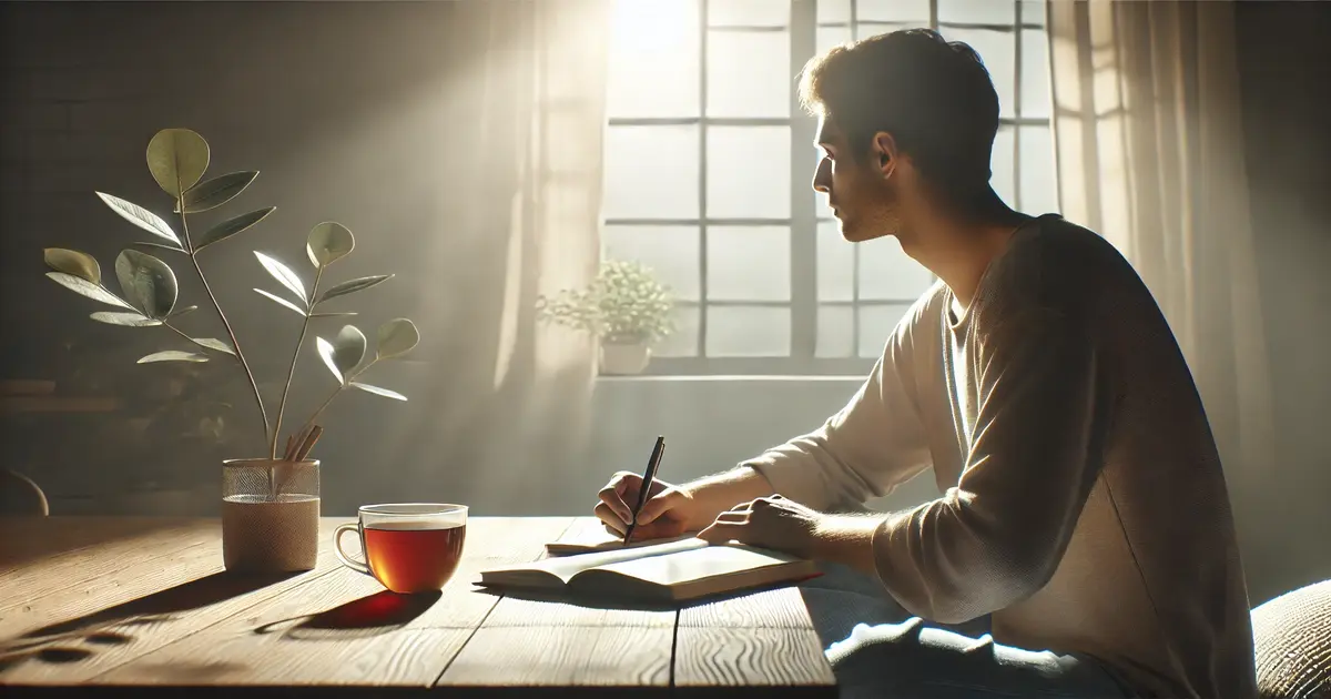 A person practicing positive thinking through journaling by a window, creating a cozy atmosphere with sunlight streaming in, symbolizing mental clarity and introspection