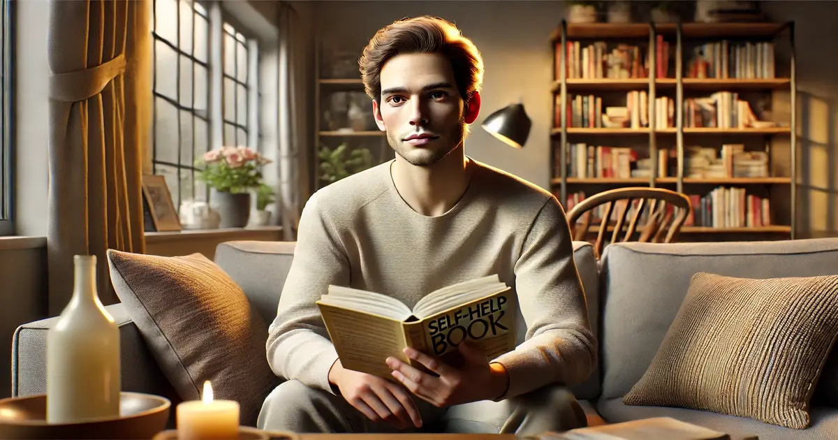 Person reading a self-help book on self-identity exploration in a comfortable living room with warm lighting and bookshelves.