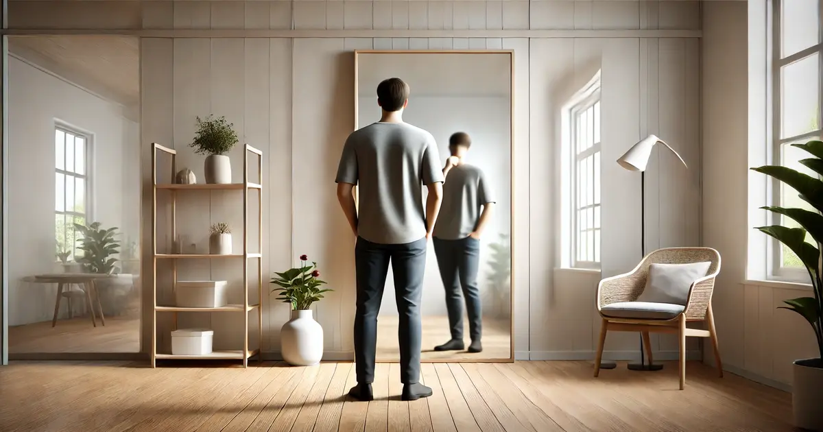 Person standing thoughtfully in front of a mirror, reflecting on their self-identity in a minimalistic, softly lit room.