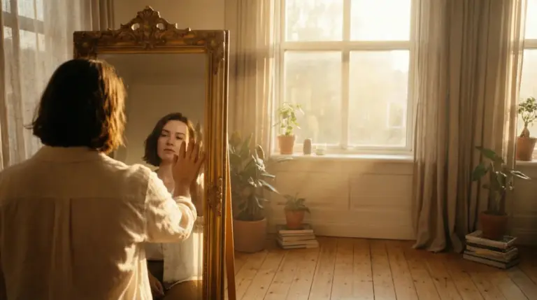 Person exploring self-identity exploration through mirror reflection symbolizing self-discovery and personal growth journey