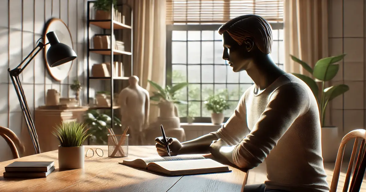 Person engaging in self-identity exploration through journaling at a calm home office desk with soft natural light.