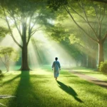 Person practicing walking meditation in a lush green park during a sunny day, promoting mindfulness, stress reduction, and mental clarity through mindful movement in nature.