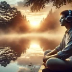 A serene, realistic photo of a person listening to binaural beats with headphones by a calm lake at sunrise, surrounded by soft mist and trees.