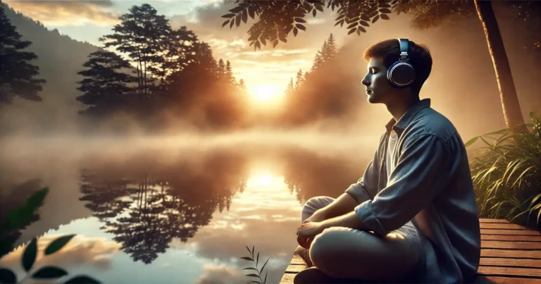 A serene, realistic photo of a person listening to binaural beats with headphones by a calm lake at sunrise, surrounded by soft mist and trees.