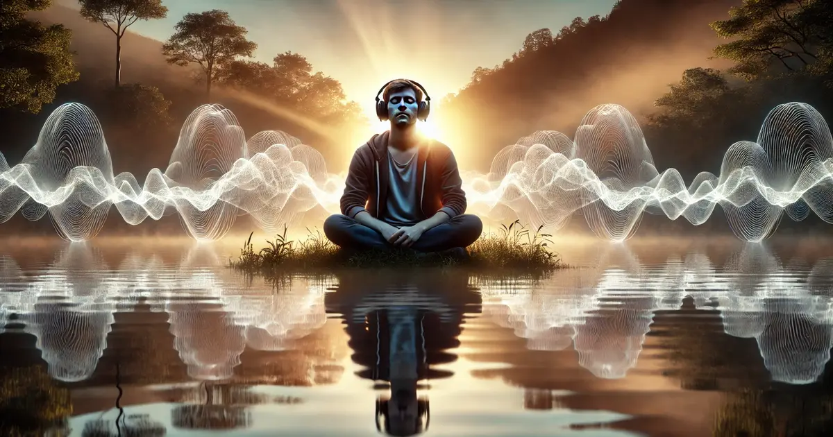 photo of a person wearing headphones by a calm lake at sunrise, surrounded by faint sound waves symbolizing binaural beats, in a serene natural setting.